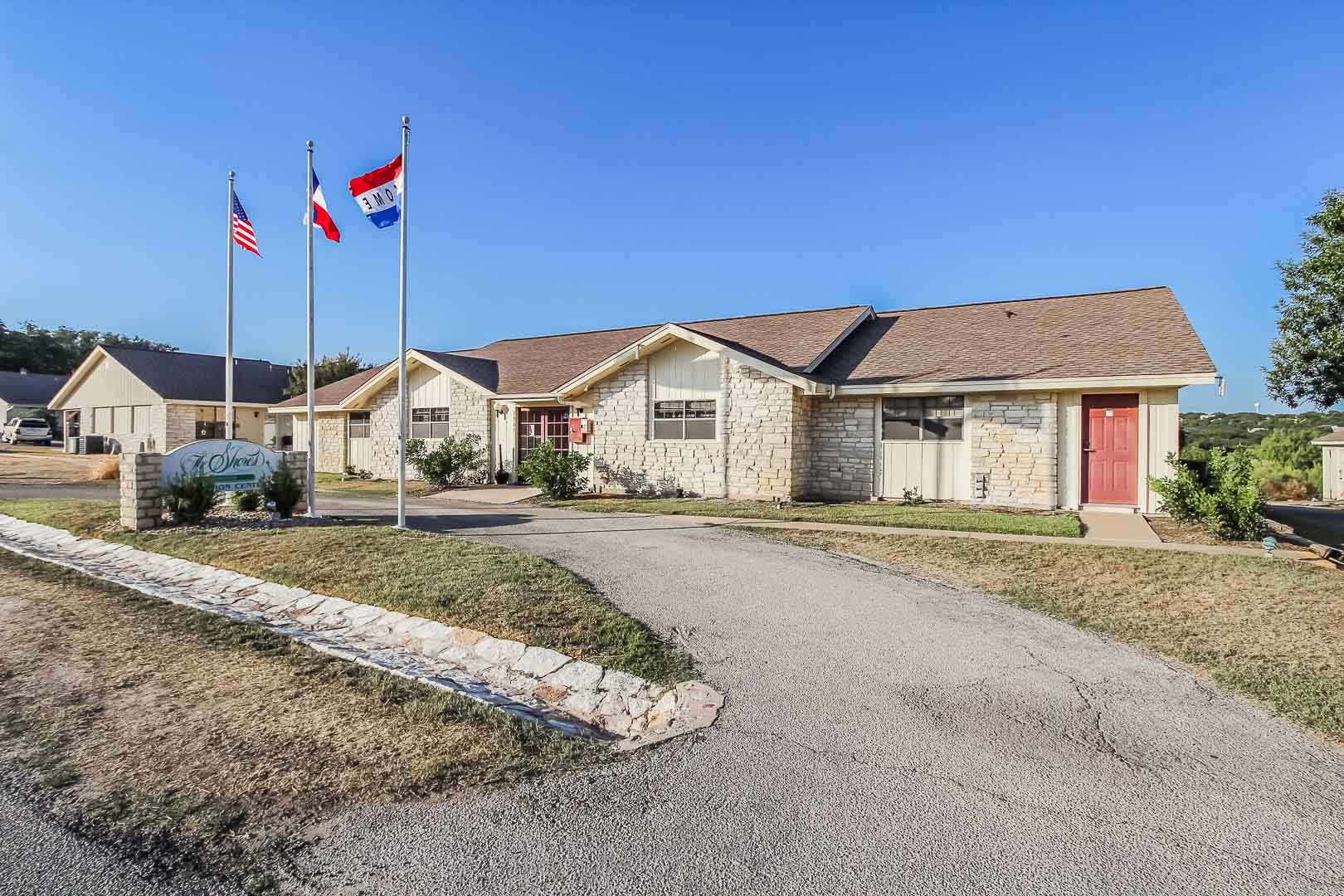 A welcoming resort entrance at VRI's Vacation Village at Lake Travis in Texas.